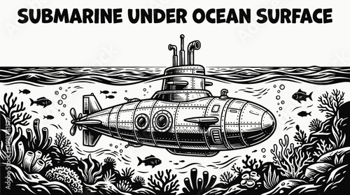 submarine boat vessel under ocean sea marine water waves horizon navigation black and white sketch vector illustration