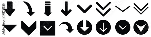 Collection of downward pointing arrow icons in various styles for direction navigation