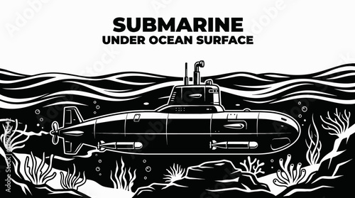 submarine boat vessel under ocean sea marine water waves horizon navigation black and white sketch vector illustration