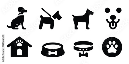 Collection of dog icons and related items set on white background