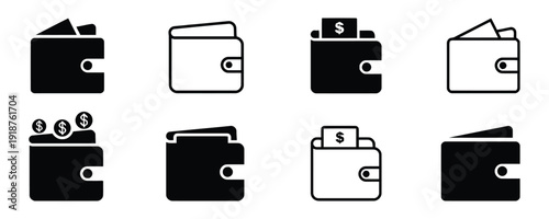 Collection of eight flat wallet icons in black and white, representing financial transactions and personal finance management