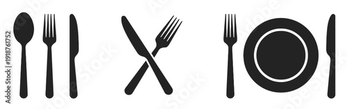 Collection of cutlery icons including spoon fork knife plate and crossed utensils