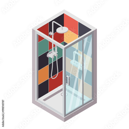 Modern glass enclosed shower cubicle with colorful tiles and shower head.