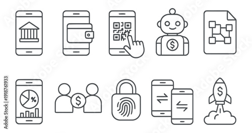 Collection of financial technology and digital banking icons, representing mobile payments, cryptocurrency, and online security