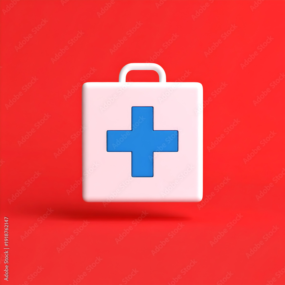 Fototapeta premium Floating white first aid box with a blue cross on a clean red background, conveying modern healthcare, emergency response, safety equipment, and medical readiness concepts.