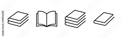 Collection of flat icons representing books in different arrangements on white background