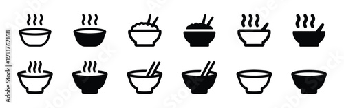 Collection of food bowls and chopsticks icons, various styles