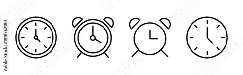 Collection of four alarm clocks and four round clocks showing different times