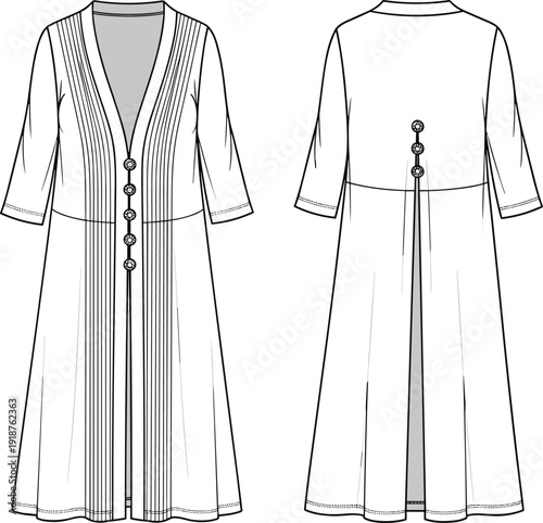 Technical fashion flat sketch of a white longline cardigan featuring vertical pleats, button front closure, three quarter sleeves, and back button detail.
