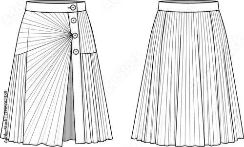 Technical fashion flat sketch of a white pleated midi skirt featuring a button down front closure, waistband, and sunray pleat design details.