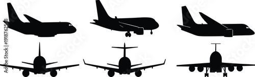 Airplane silhouettes collection, side and front views, aviation vector illustration, aircraft recognition artwork, flight design concept, aviation study scene, flavector