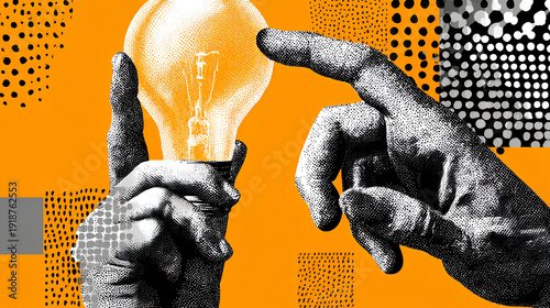 Trendy Halftone Collage Two Hands with lightbulb. Creative mind or brainstorm. Create creative idea concept. Business solutions. Think outside the box. Marketing time. Contemporary vector art