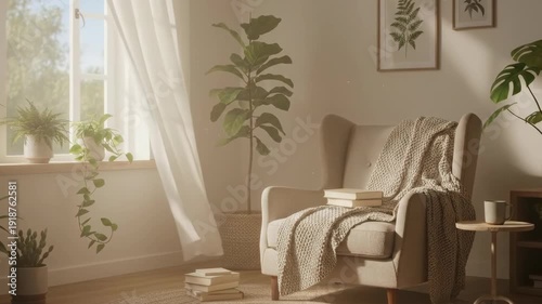 Cozy Living Room with Natural Light and Plants.