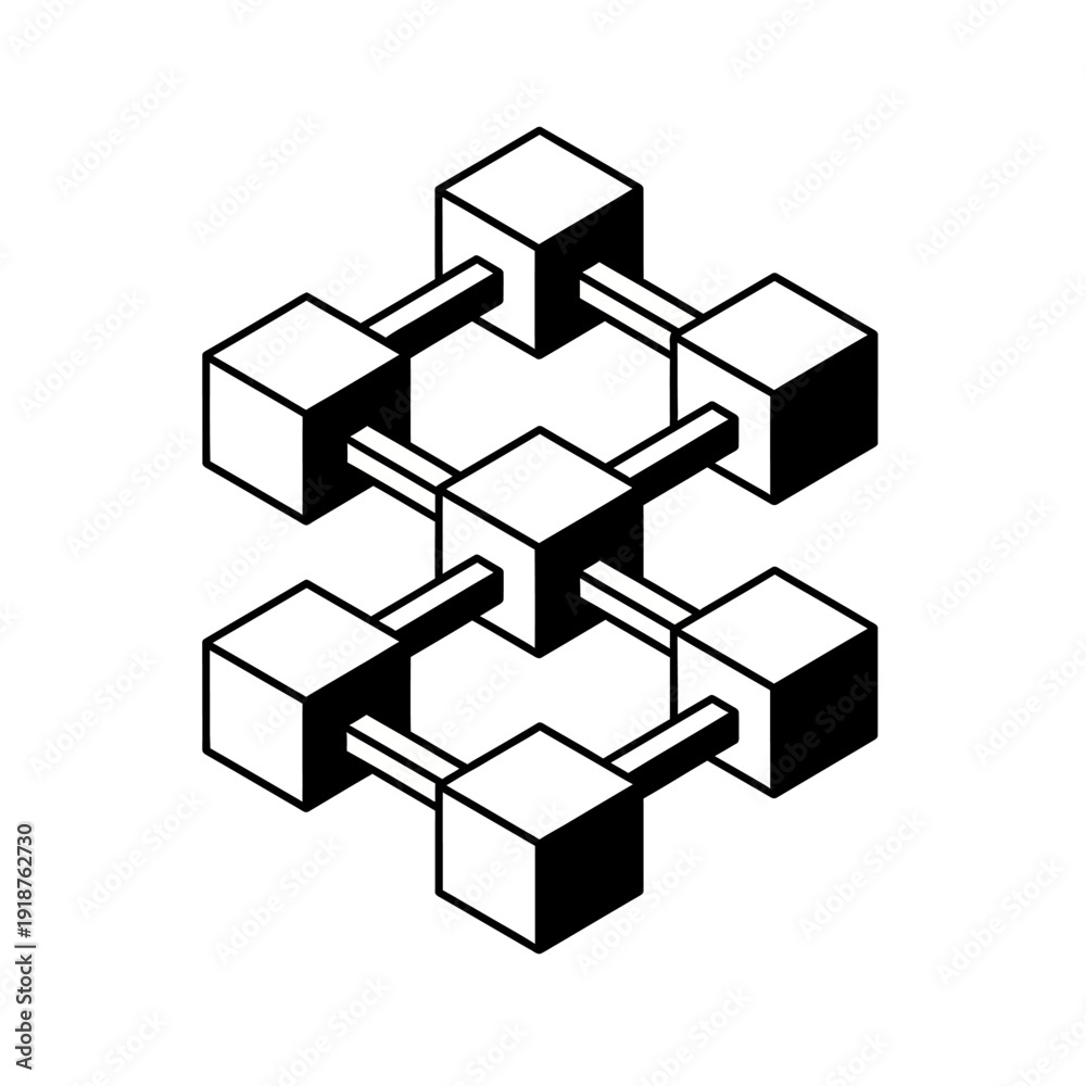 Obraz premium Geometric 3D Cubes Connected by Bars Forming a Cluster.
