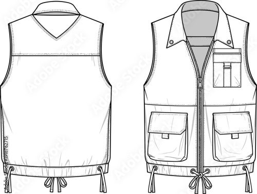 Technical fashion flat sketch of a white utility vest with pockets, zipper closure, adjustable drawstring hem, and collar, shown in front and back.