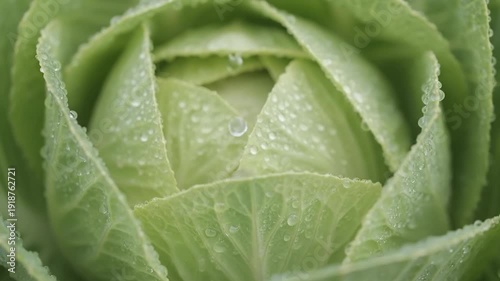 Close up of a fresh green cabbage with water droplets.