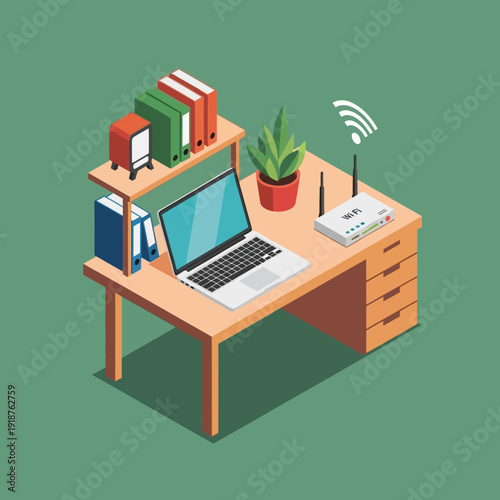 Modern office desk with laptop and wireless router.