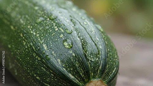 Close up of a fresh green zucchini with water droplets on its skin.
