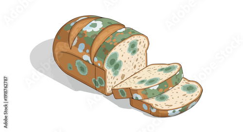 Illustration of a loaf of bread with mold on bread slices, cut and displayed on a clean white background with a neutral mood.