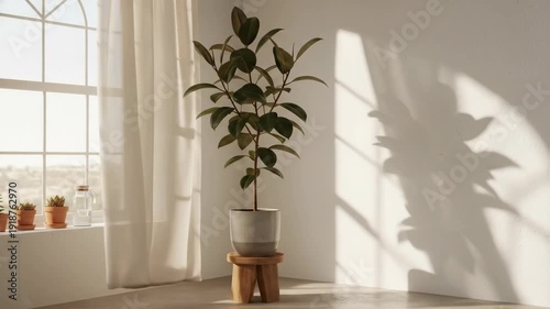 Sunlight streams through a large window casting shadows on a wall next to a potted plant.