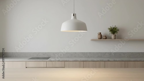 Modern Kitchen Interior Design with Island and Pendant Light.