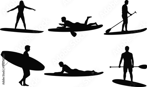 Surfing and paddleboarding silhouettes set, surfers riding waves and carrying surfboard, stand up paddle board sport activity isolated on white background