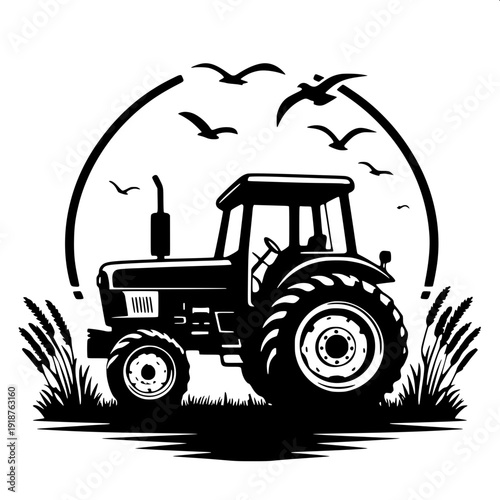 Modern flat tractor silhouette with driver figure and canopy roof, isolated white background