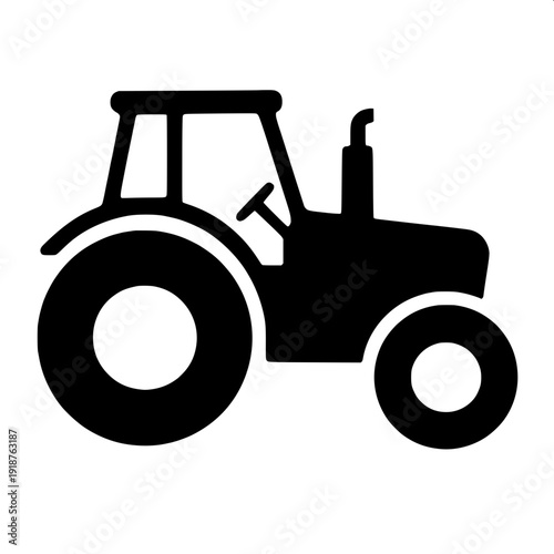 Modern flat tractor silhouette with driver figure and canopy roof, isolated white background