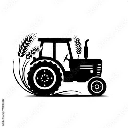 Modern flat tractor silhouette with driver figure and canopy roof, isolated white background