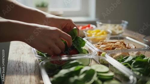 Hands preparing fresh ingredients for healthy meal prep containers.