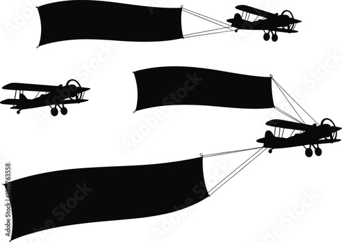 Vintage biplane banner silhouette set, retro airplane towing blank advertising banner isolated on white background, aviation vector illustration