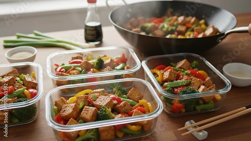 Healthy Meal Prep Asian Stir Fry Tofu Vegetables in Containers.