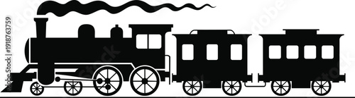 Vintage steam train silhouette isolated on white background, classic locomotive with passenger carriages black outline retro railway transportation illustration