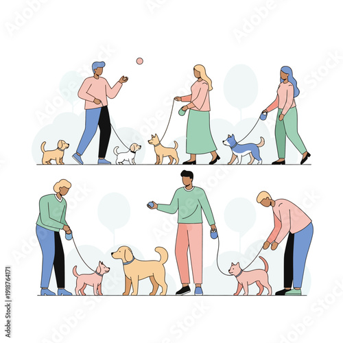 People walking dogs in park, various breeds, sunny day, outdoor leisure activities
