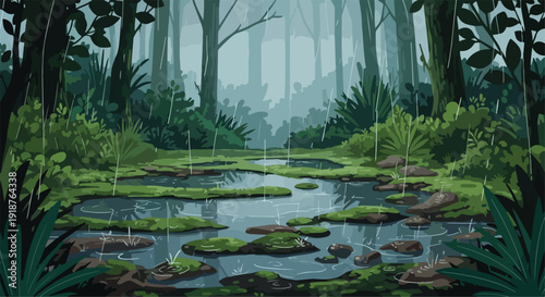 Lush Green Forest with Puddles and Rain Vector Illustration