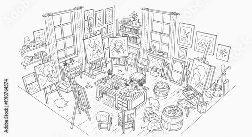 Artist Studio with Paintings and Furniture.