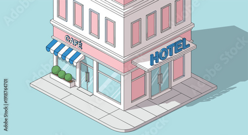 Isometric vector illustration of a pastel pink corner city building featuring a hotel entrance and a cafe with striped awning.