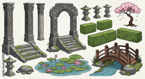 Detailed Hand Drawn Japanese Garden Elements Set with Stone Architecture and Nature Isolated Illustration