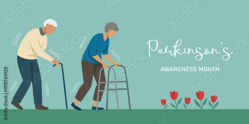 Parkinson’s Awareness Month banner. Flat vector illustration of elderly people with tremor symptoms  for Parkinsons Awareness Month.