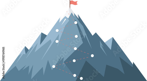 Mountain Peak with Climbing Route, stylized vector graphic of mountain ascent, marked path, and red flag, representing personal growth, milestones, and success achievement journey.