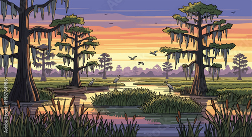 Stylized Cypress Swamp or Bayou Landscape Illustration with Birds and Colorful Sunset