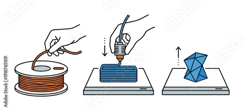 3d printing process illustration showing filament spool printer building object step by step