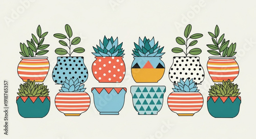 Colorful succulents and potted plants in decorative pots with various patterns on a plain background