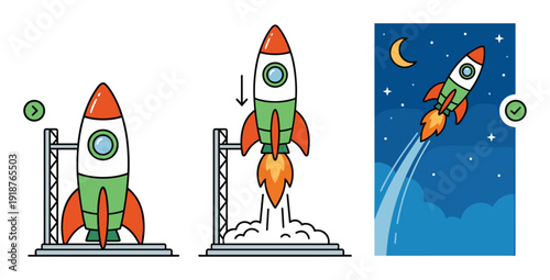 Cartoon rocket launch sequence vector illustration. spaceship standing, taking off with flames, flying in space