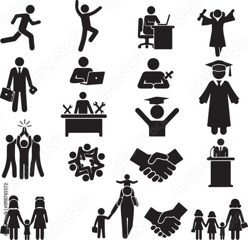 Black silhouette icons of people in various educational and professional settings