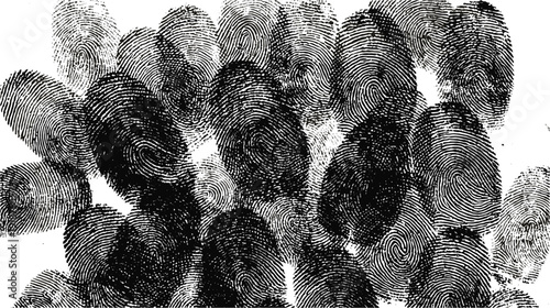 Collection of many black fingerprints, biometric identity background, security and crime scene investigation