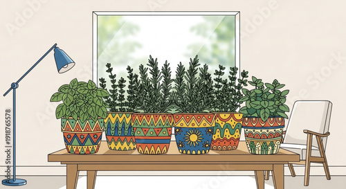 Colorful potted plants on a wooden table by a window with a chair and lamp indoor gardening decor