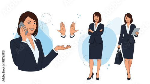 Collection of business woman characters in different poses including talking on phone, walking, and holding a modern digital tablet.