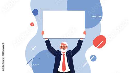 Happy elderly man with white beard and glasses holding up a large blank white board for custom marketing text or advertising messages.