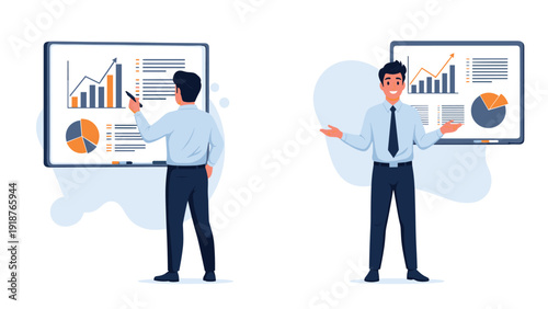 Young professional man presenting data and growth charts on a large whiteboard in two different informative perspective views.